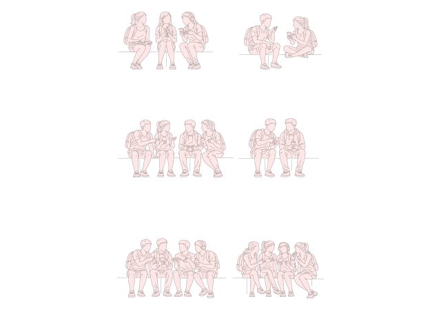 Group of Teenagers sitting on Summer-Spring day, front view, elevation DWG, DXF, PDF, PNG