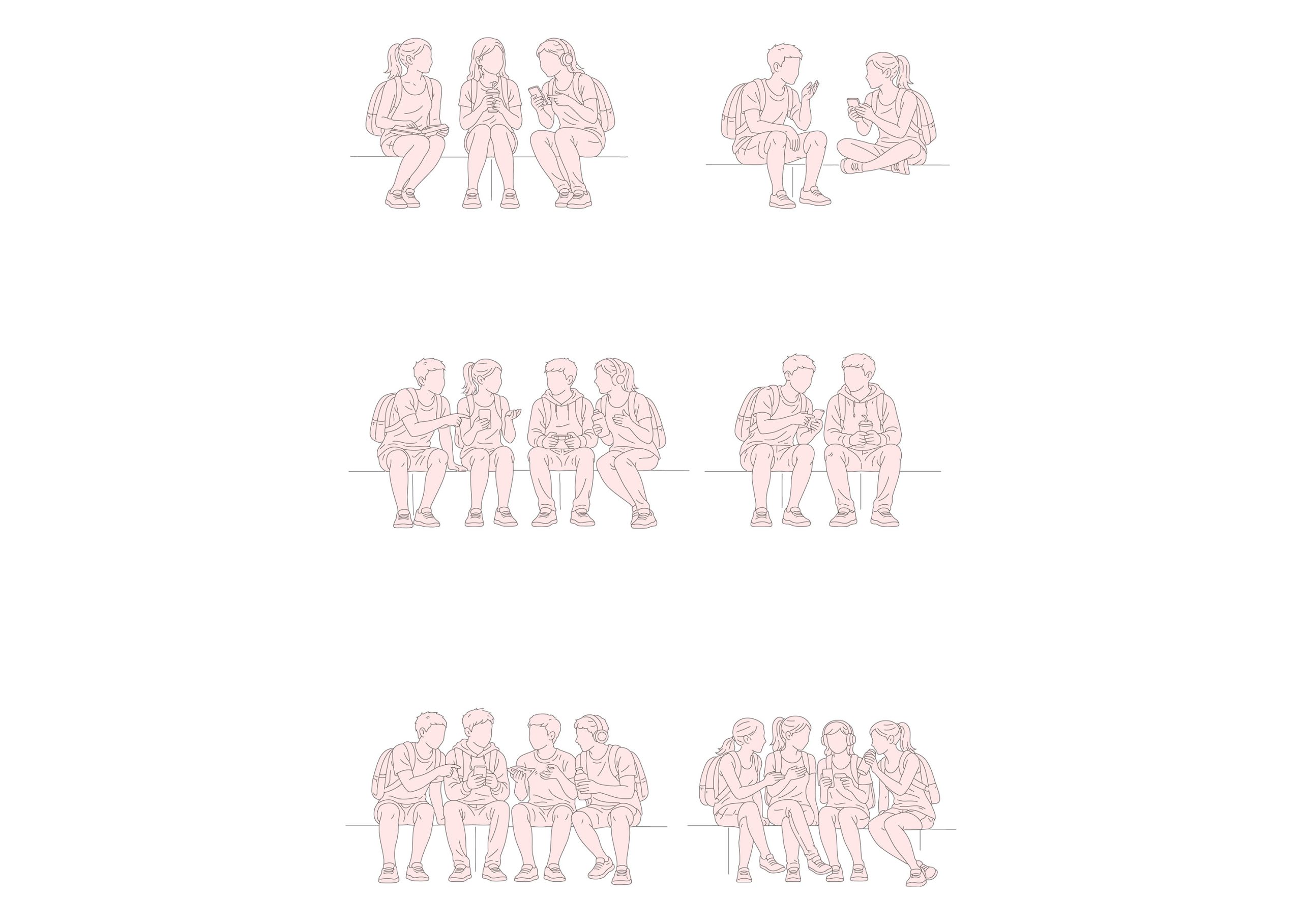 Group of Teenagers sitting on Summer-Spring day, front view, elevation DWG, DXF, PDF, PNG