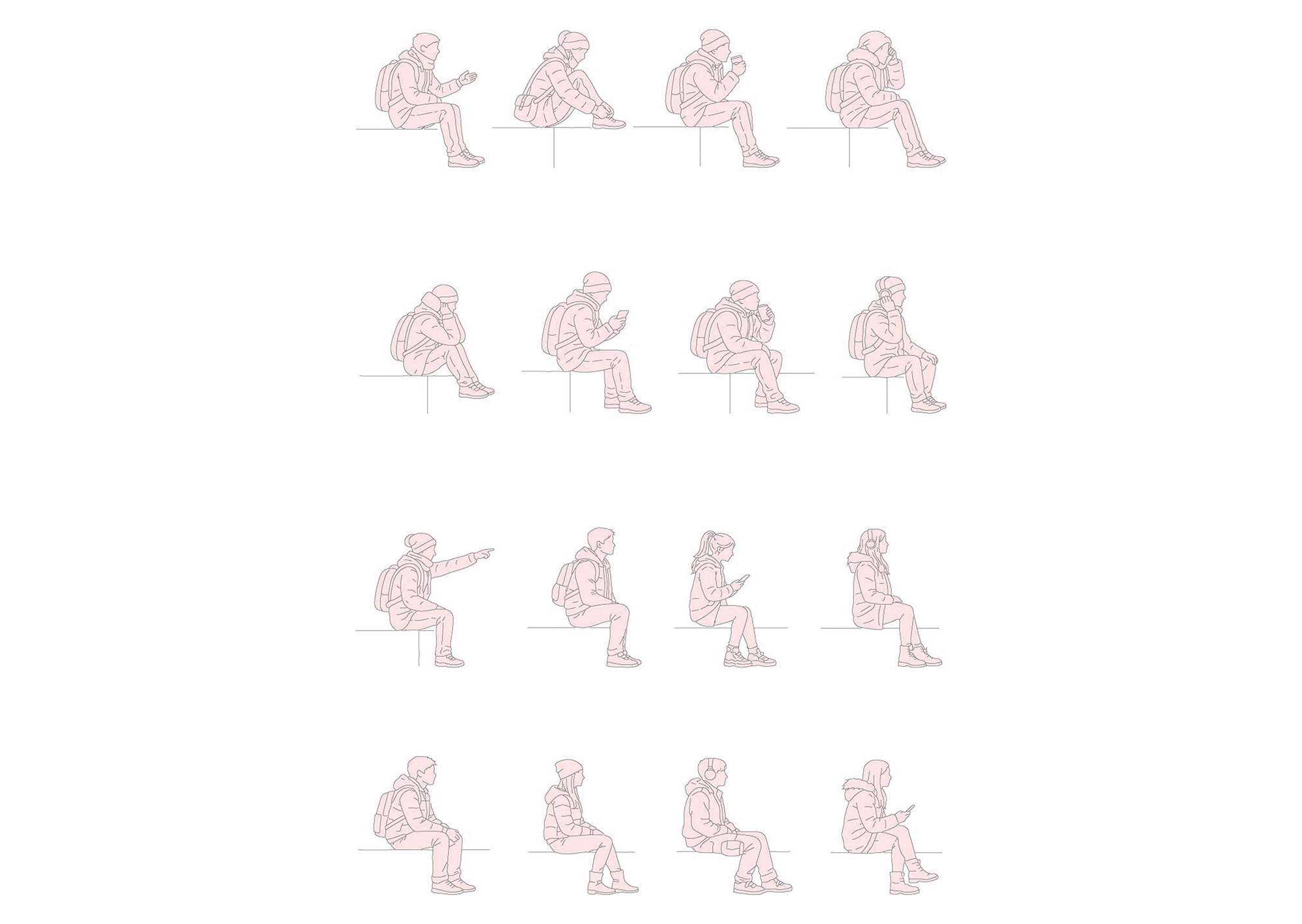 FREE Teenagers sitting on Winter-Autumn day CAD BLOCK elevation DWG, DXF, PDF, PNG