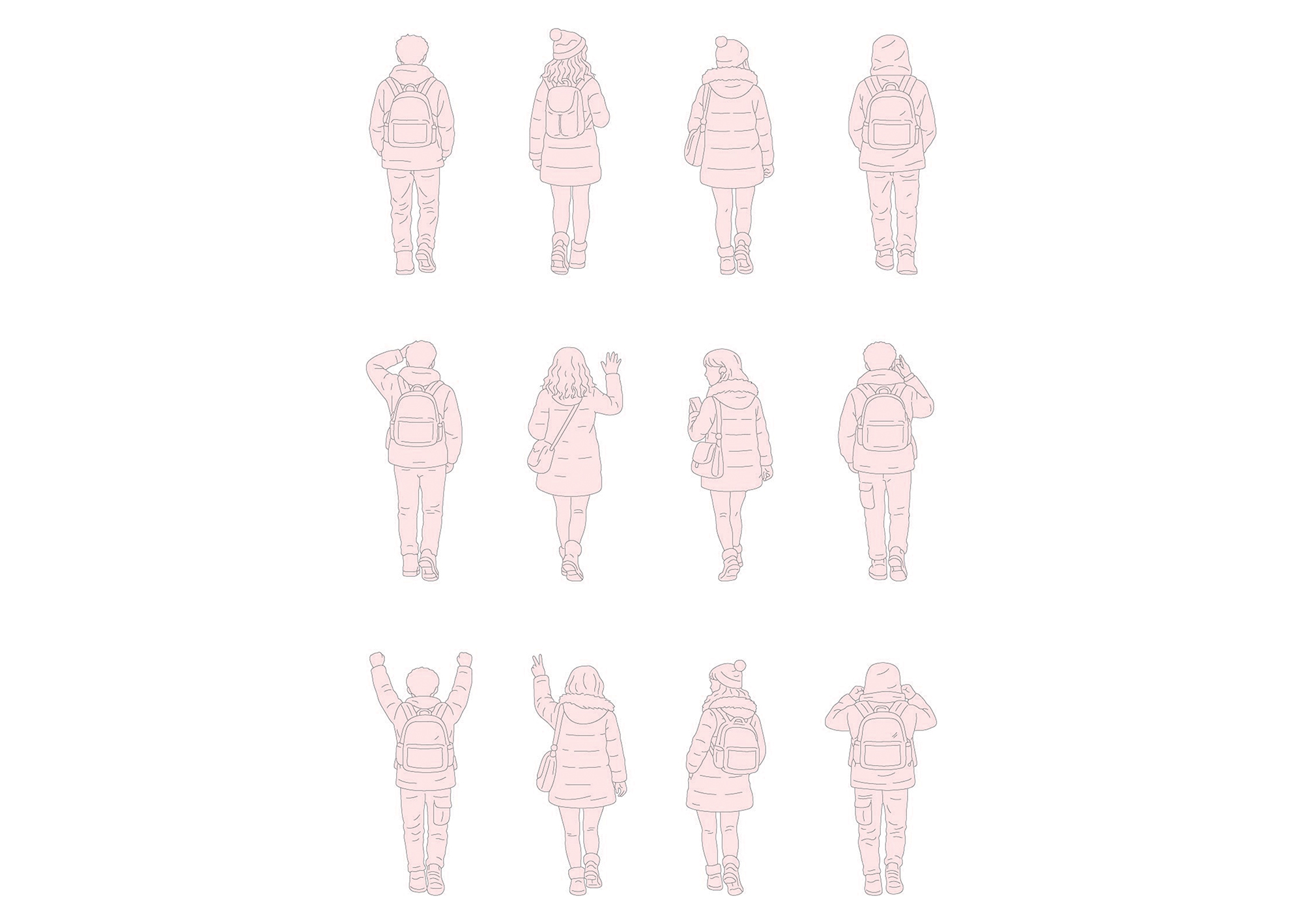 FREE Teenagers walking on Winter-Autumn day CAD BLOCK, back view elevation DWG, DXF, PDF, PNG