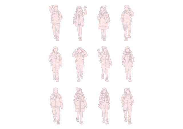 FREE Group of Teenagers walking on Winter-Autumn day CAD Block, front view, elevation DWG, DXF, PDF, PNG