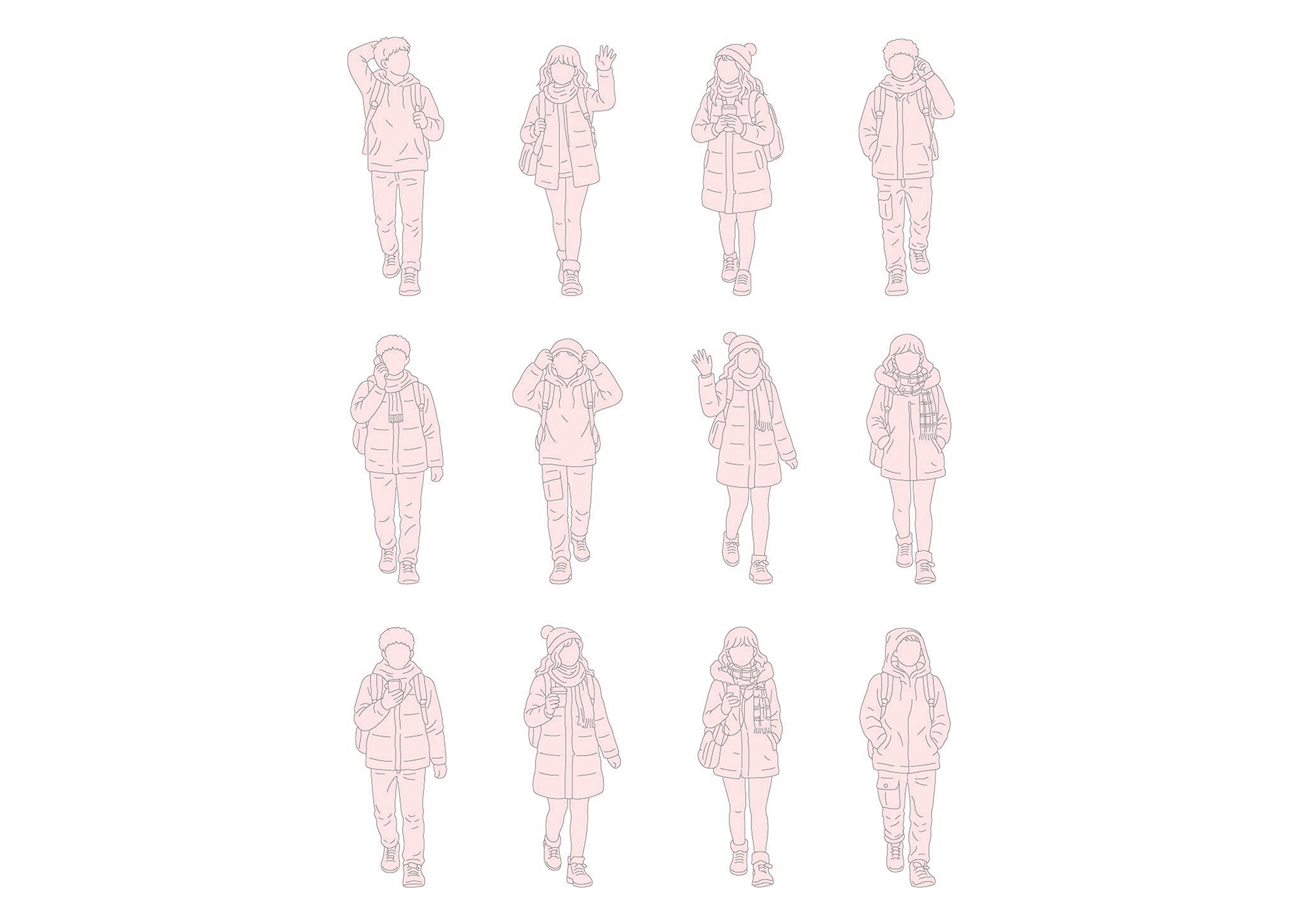 FREE Group of Teenagers walking on Winter-Autumn day CAD Block, front view, elevation DWG, DXF, PDF, PNG
