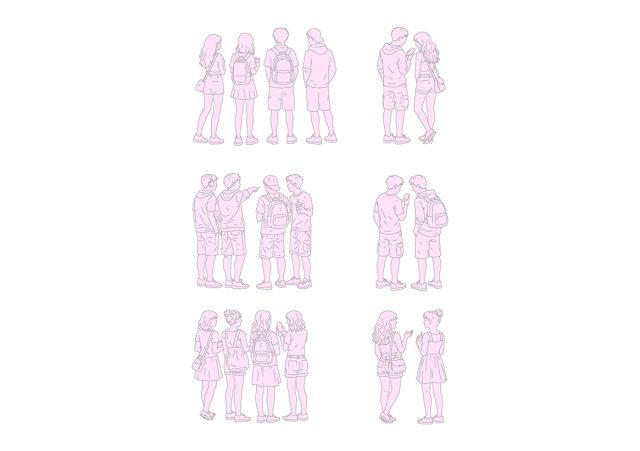 FREE Group of Teenagers standing on Summer-Spring day, back view, elevation DWG, DXF, PDF, PNG
