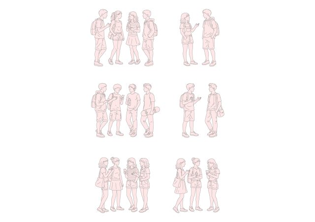 Group of teenagers standing on Summer-Spring day, front view, elevation, DWG, DXF, PDF, PNG