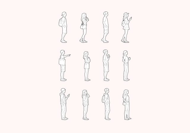 FREE Young people standing on Summer-Spring day CAD BLOCK, side view, elevation DWG, DXF, PDF, PNG