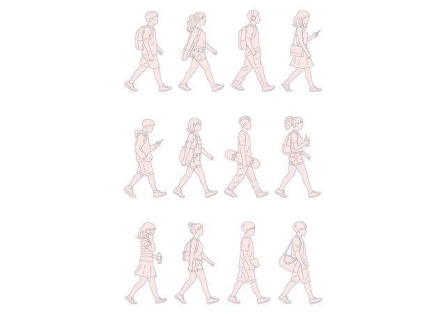 Teenagers walking on Summer-Spring day elevation DWG, DXF, PDF, PNG