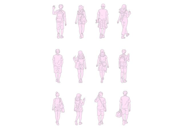 FREE Young people walking on Summer-Spring day, back view, elevation DWG, DXF, PDF, PNG