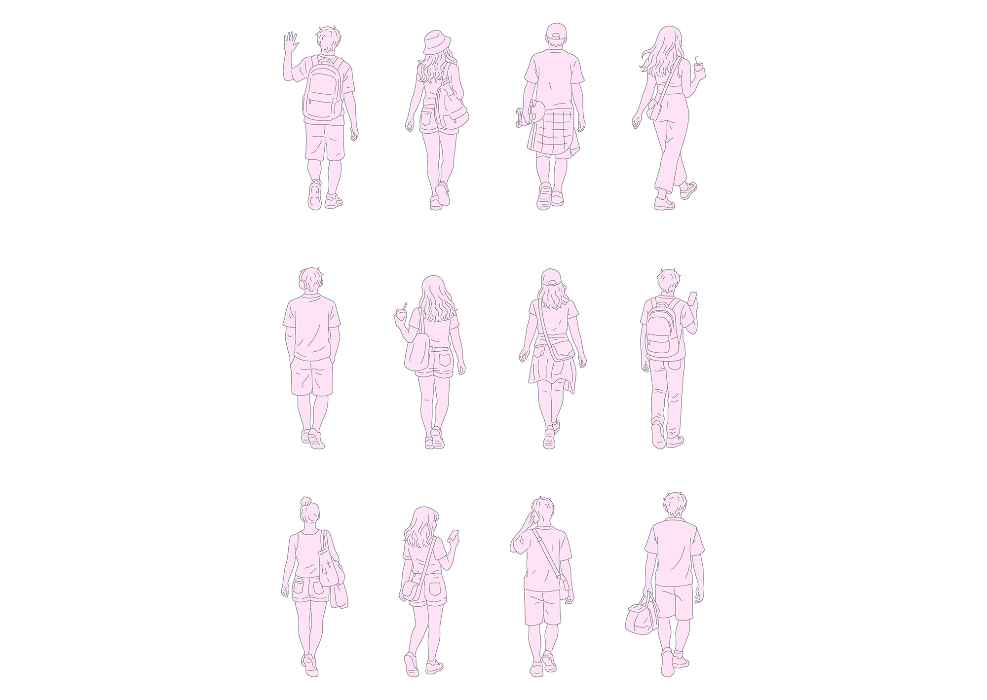 FREE Young people walking on Summer-Spring day, back view, elevation DWG, DXF, PDF, PNG