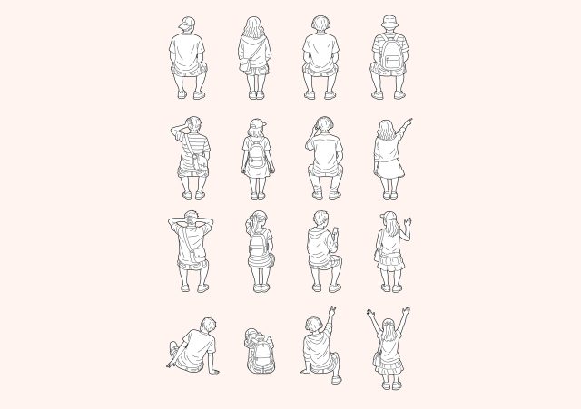 FREE Young people sitting on Summer-Spring day CAD BLOCK, back view, elevation DWG, DXF, PDF, PNG