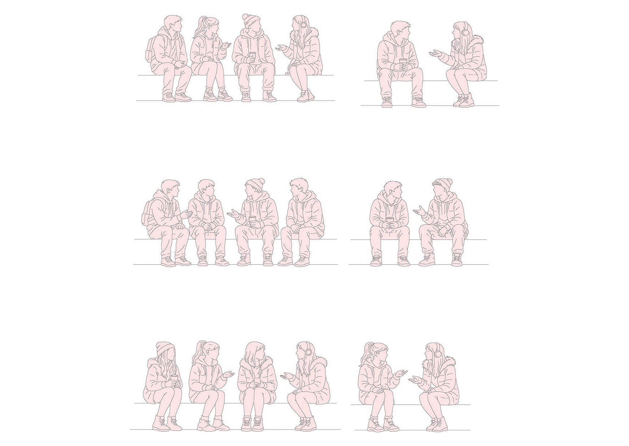 FREE Group of Teenagers sitting on Winter-Autumn day CAD Block, front view, elevation DWG, DXF, PDF, PNG