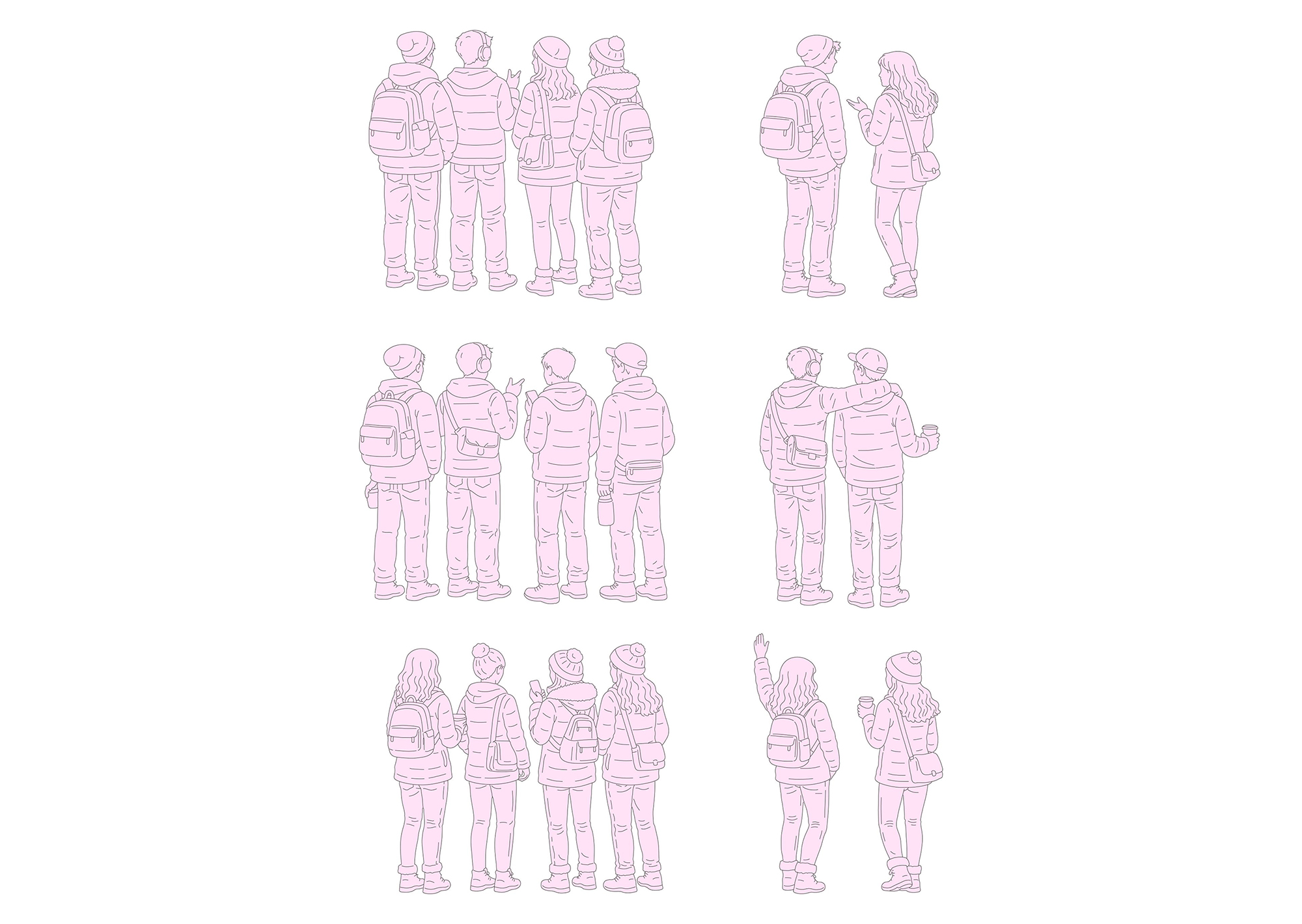 FREE Group of Young People standing on Winter-Autumn day, back view, elevation DWG, DXF, PDF, PNG