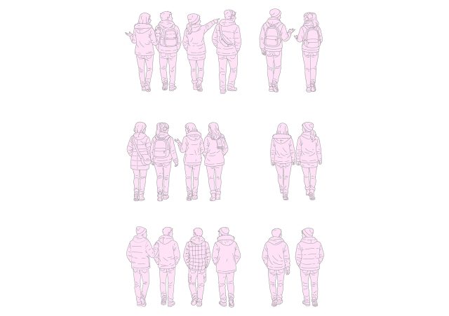 FREE Group of teenagers walking on Winter-Autumn day CAD BLOCK, back view, elevation, DWG, DXF, PDF, PNG
