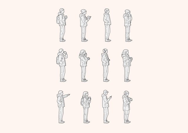 Free Young People standing on Winter-Autumn day, side view, elevation DWG, DXF, PDF, PNG